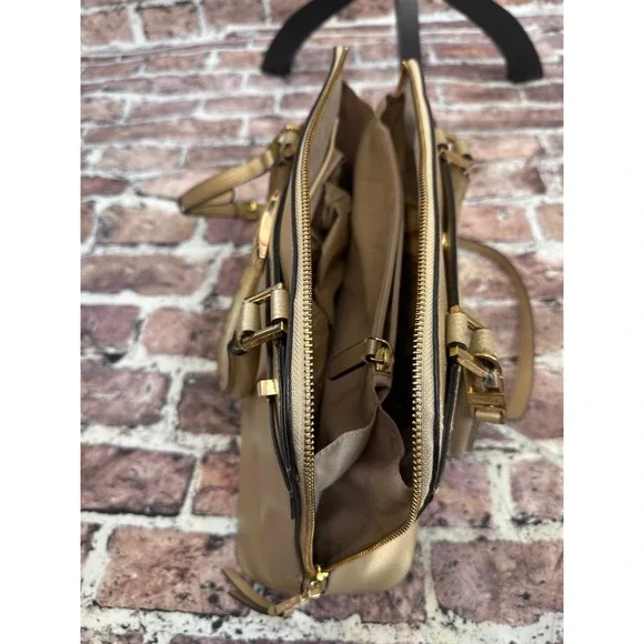 Calvin Klein Gold Metallic Pebbled Leather Satchel Crossbody Bag Convertible - Picture 13 of 16